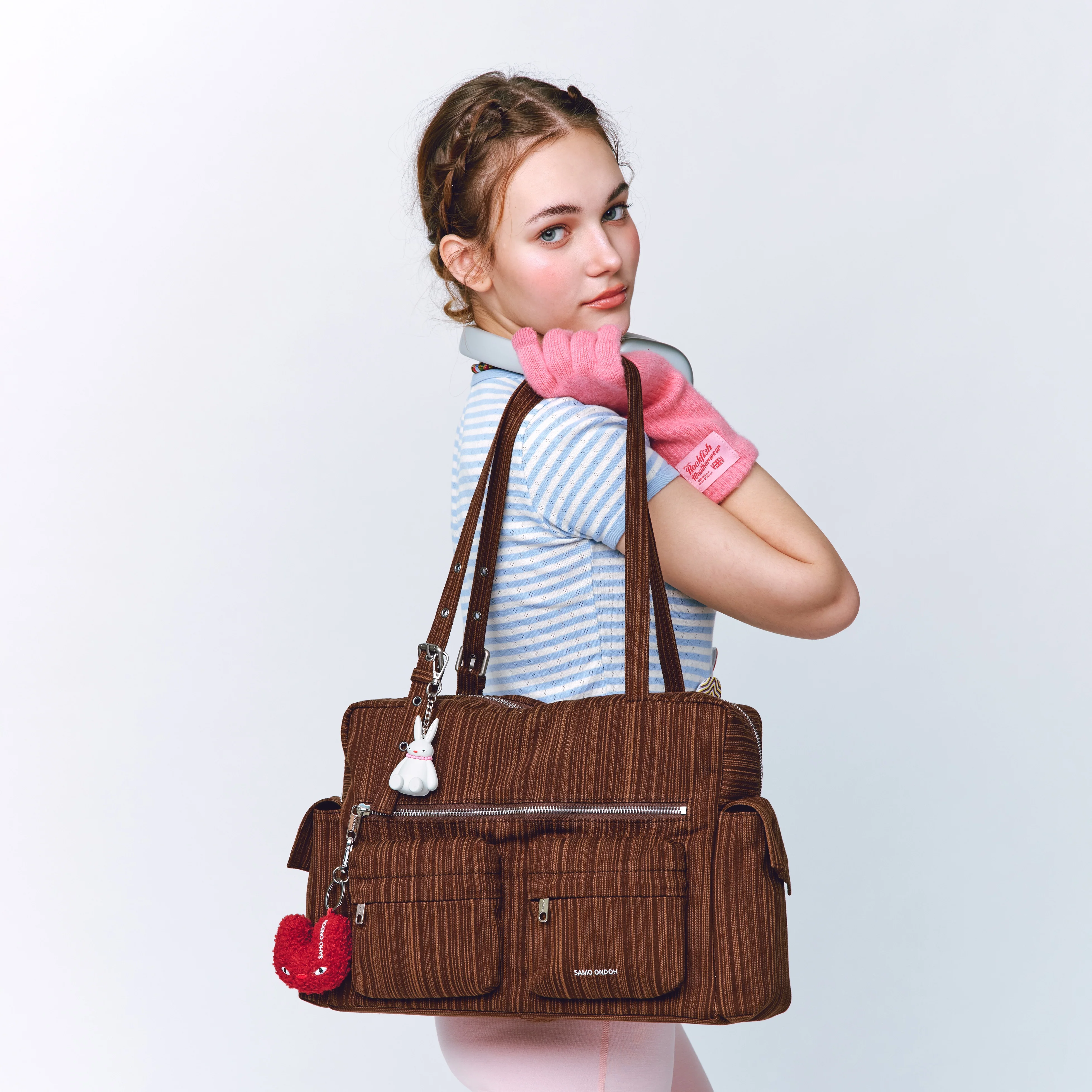 pocket utility bag L stripe brown - Image 5