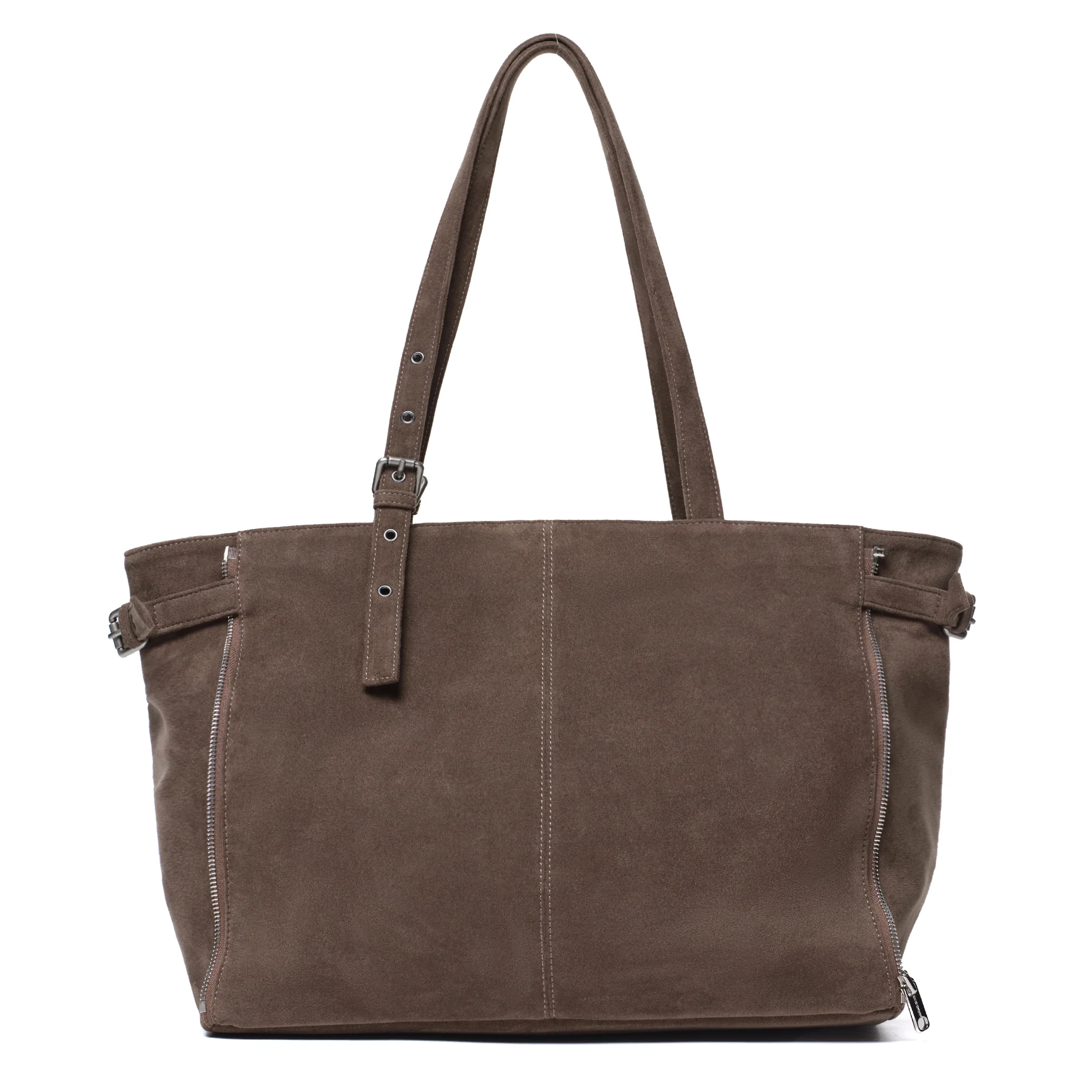 zipper shopper bag L suede khaki gray