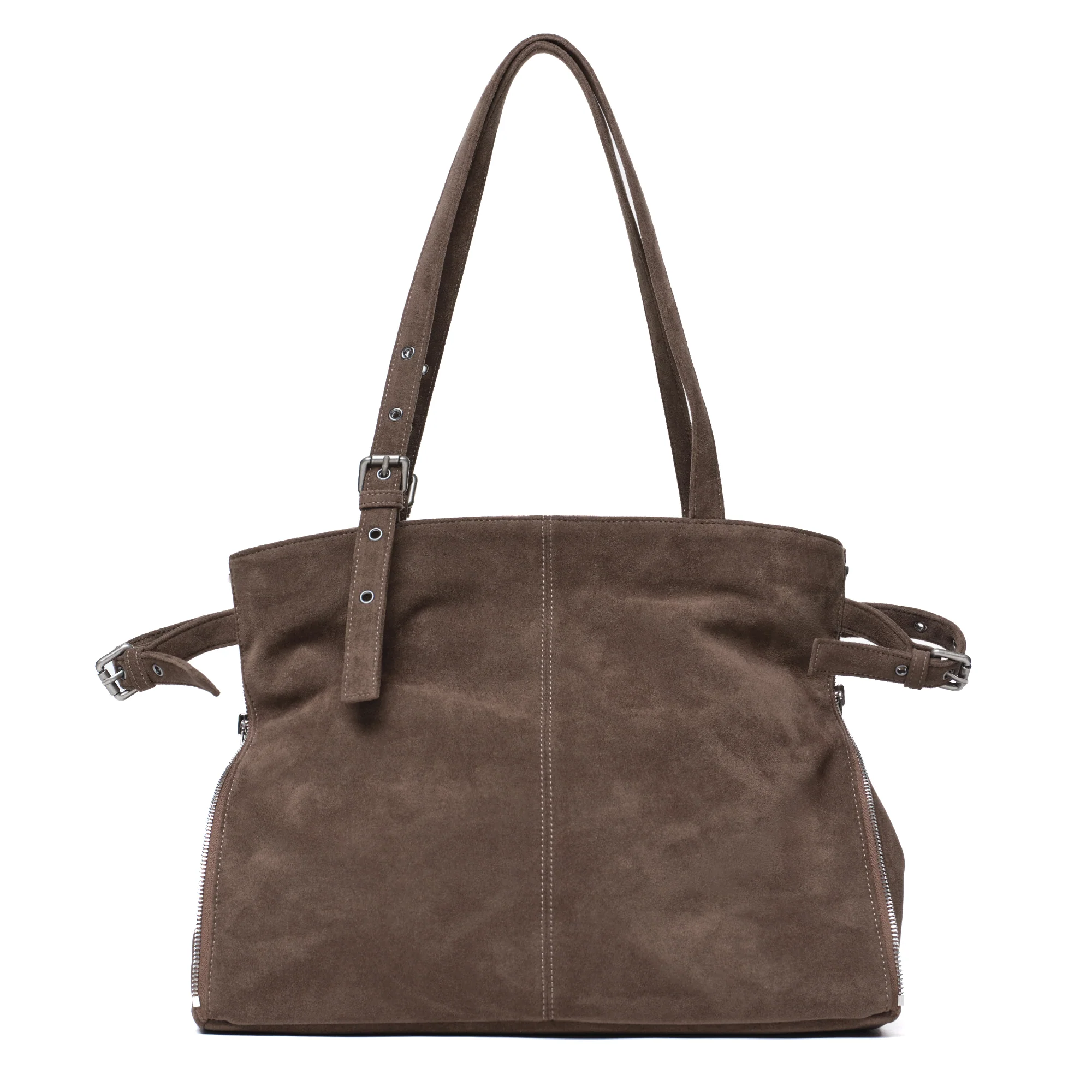 zipper shopper bag L suede khaki gray - Image 4