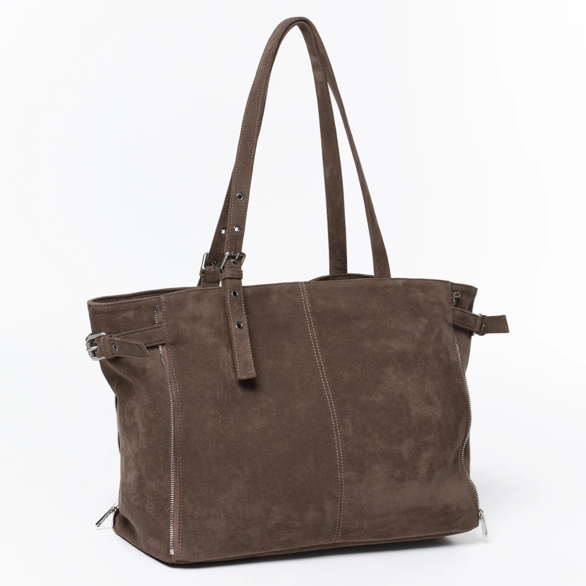 zipper shopper bag L suede khaki gray - Image 5