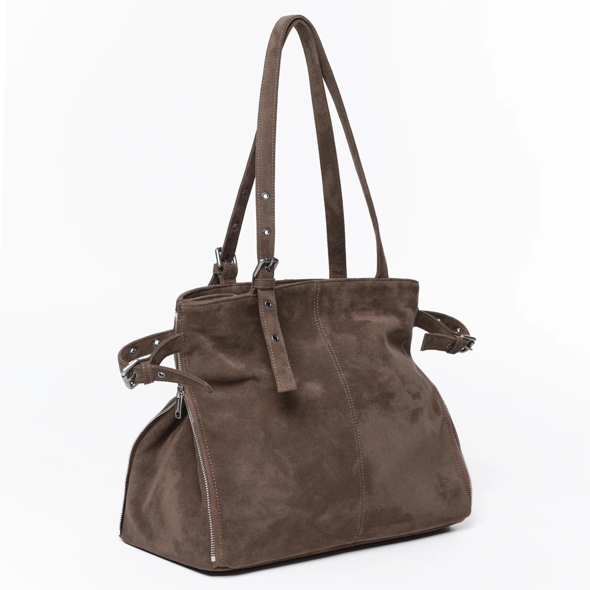 zipper shopper bag L suede khaki gray - Image 6