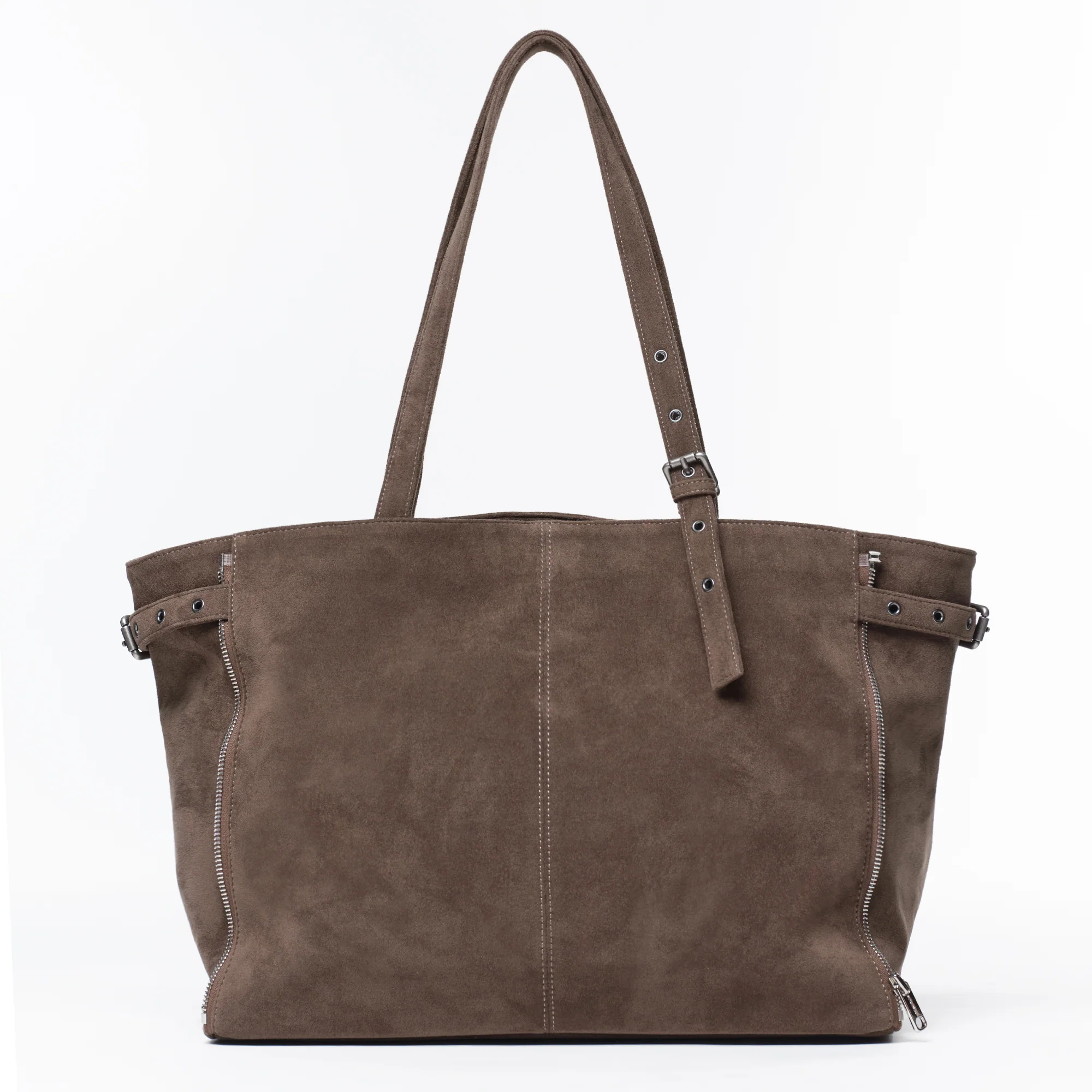 zipper shopper bag L suede khaki gray - Image 7
