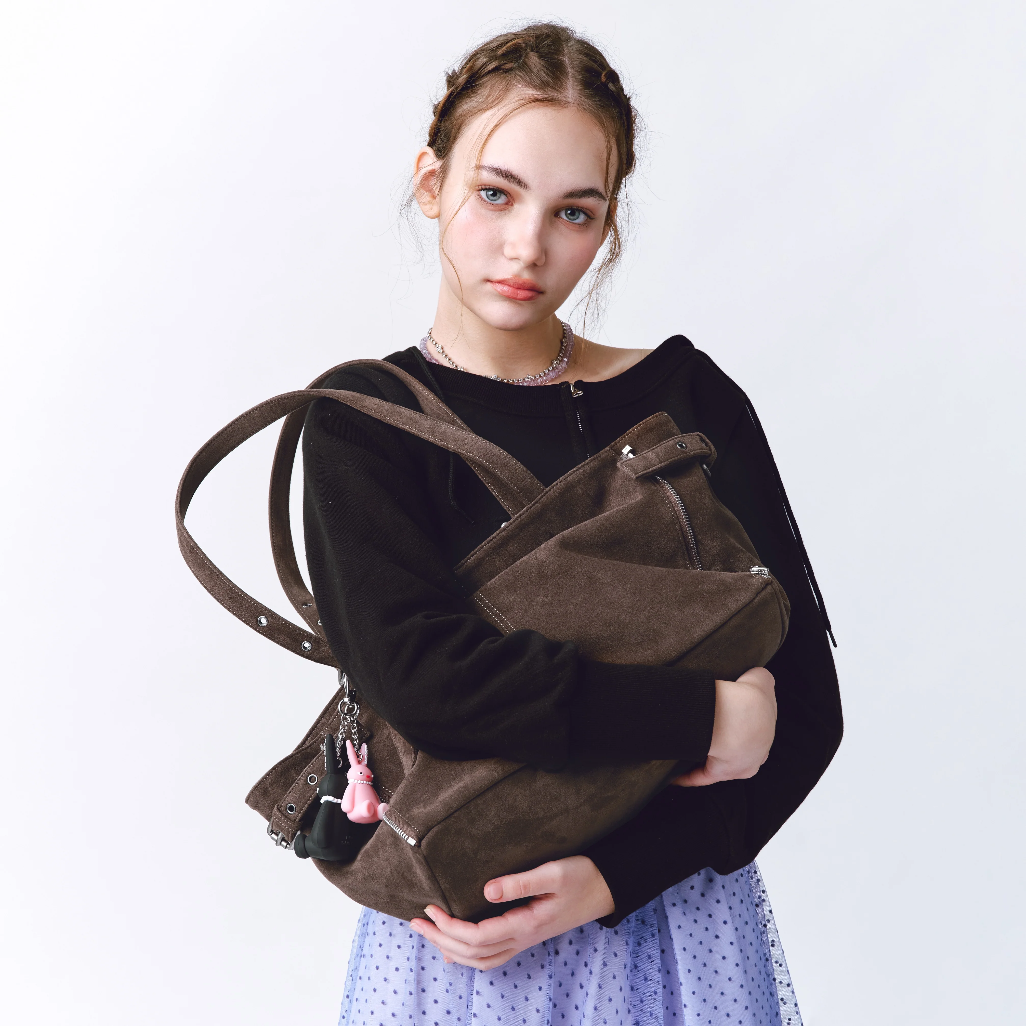 zipper shopper bag M suede khaki gray - Image 3