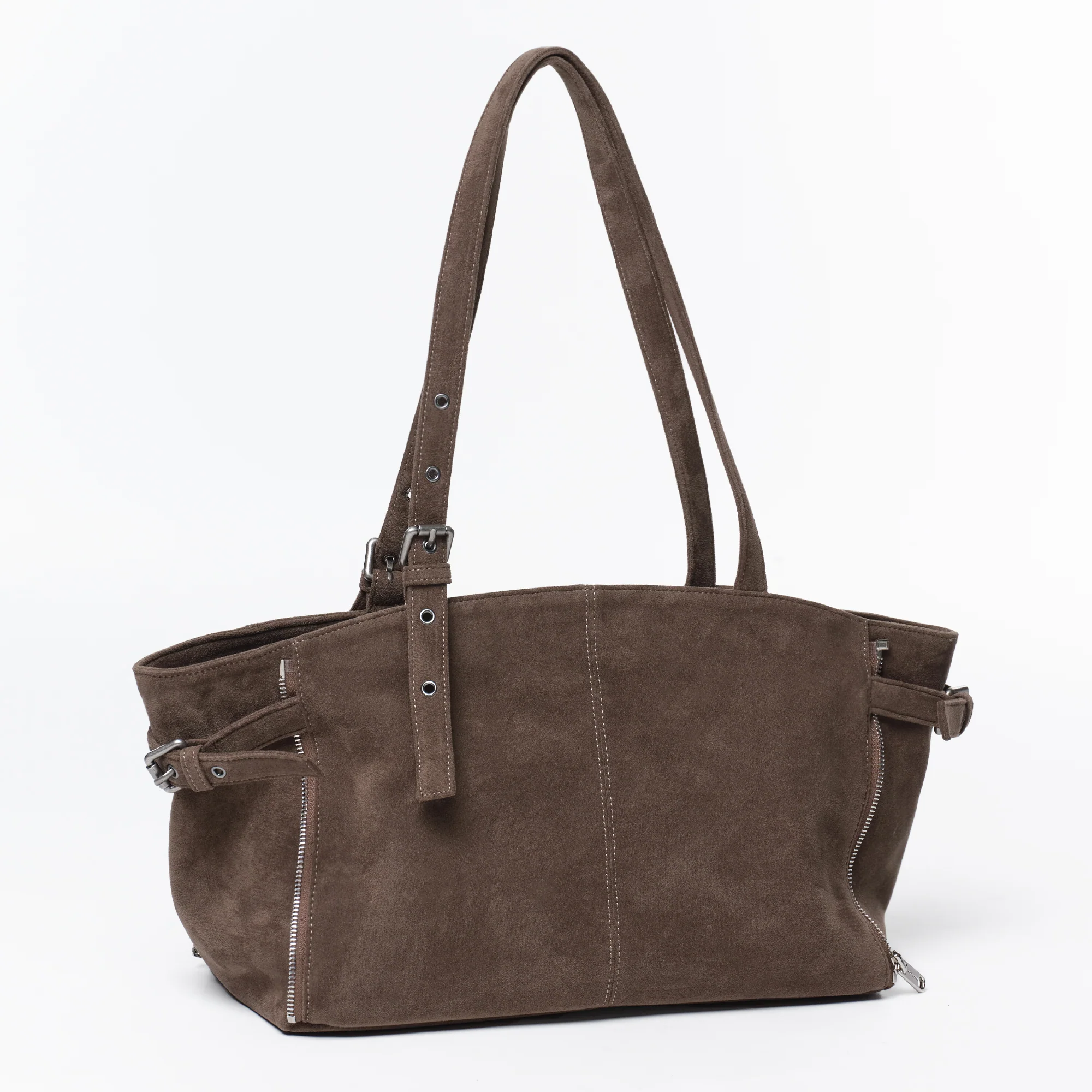 zipper shopper bag M suede khaki gray - Image 5