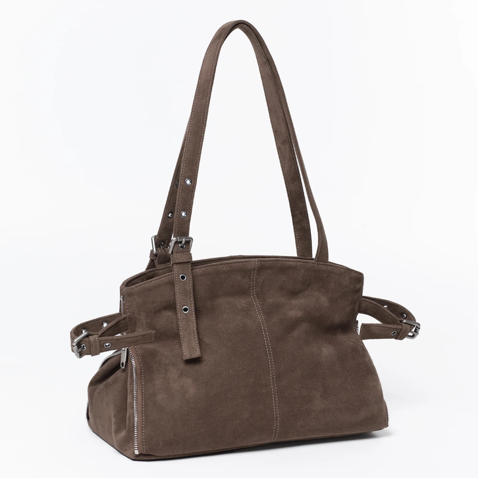 zipper shopper bag M suede khaki gray - Image 6