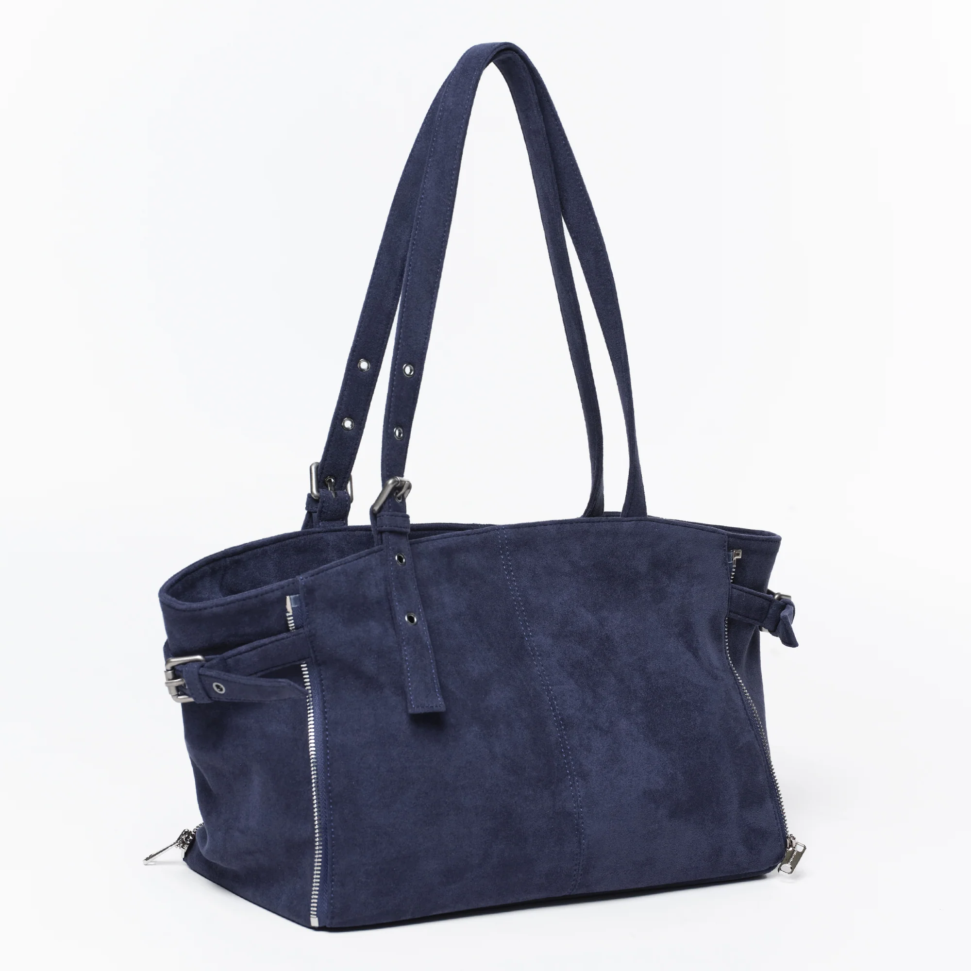 zipper shopper bag M suede navy - Image 3