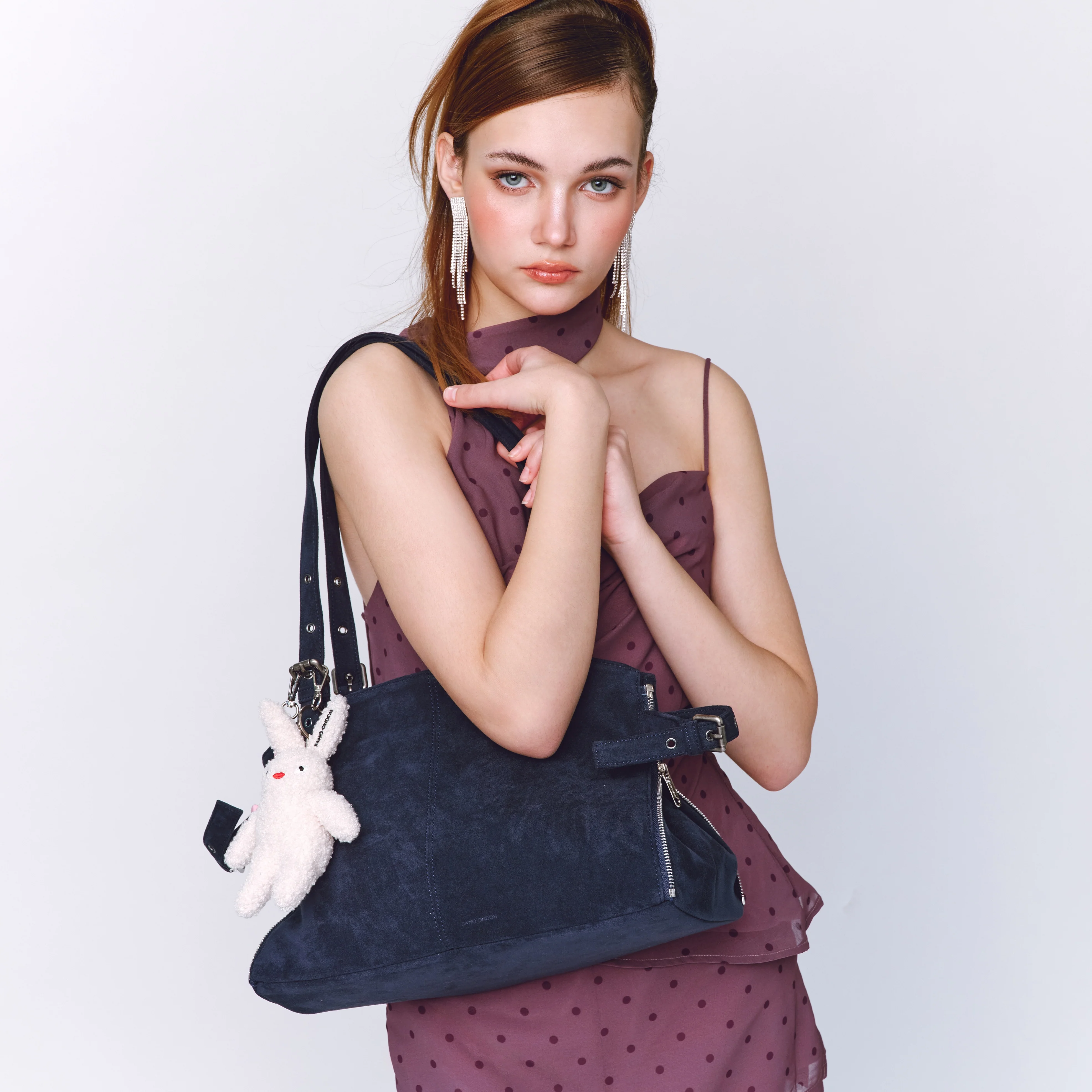 zipper shopper bag M suede navy - Image 7